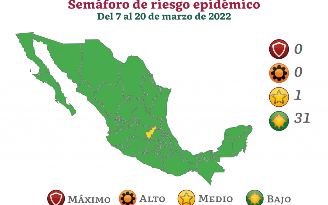 México de verde, excepto Querétaro en amarillo Semáforo epidémico.