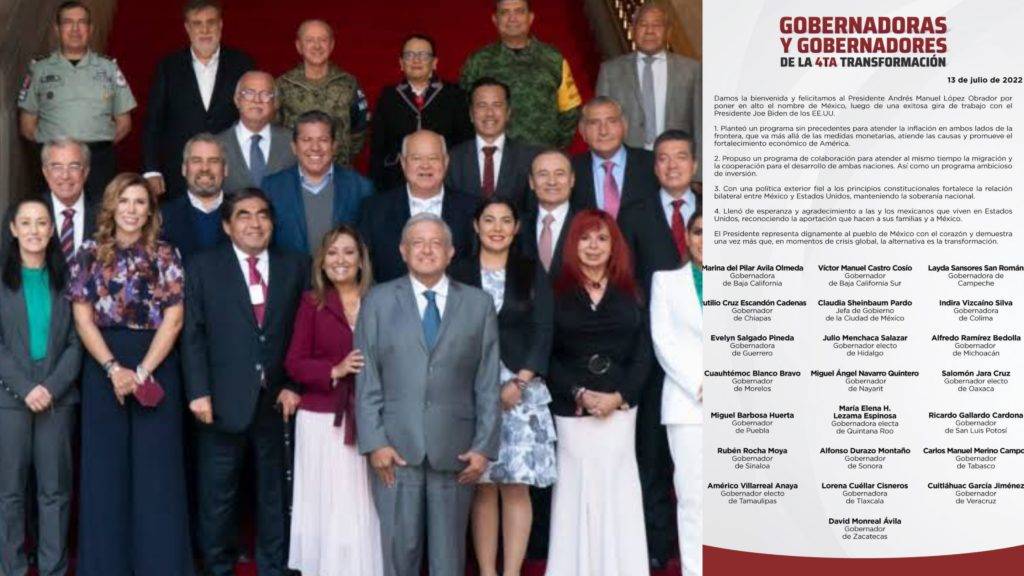 Gobernadores de Morena dan espaldarazo a Andrés Manuel López Obrador por acuerdo con Biden.