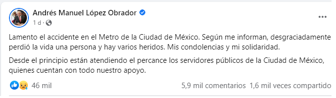 AMLO lamenta tragedia de Línea 3 del Metro “Mi condolencia y solidaridad”.